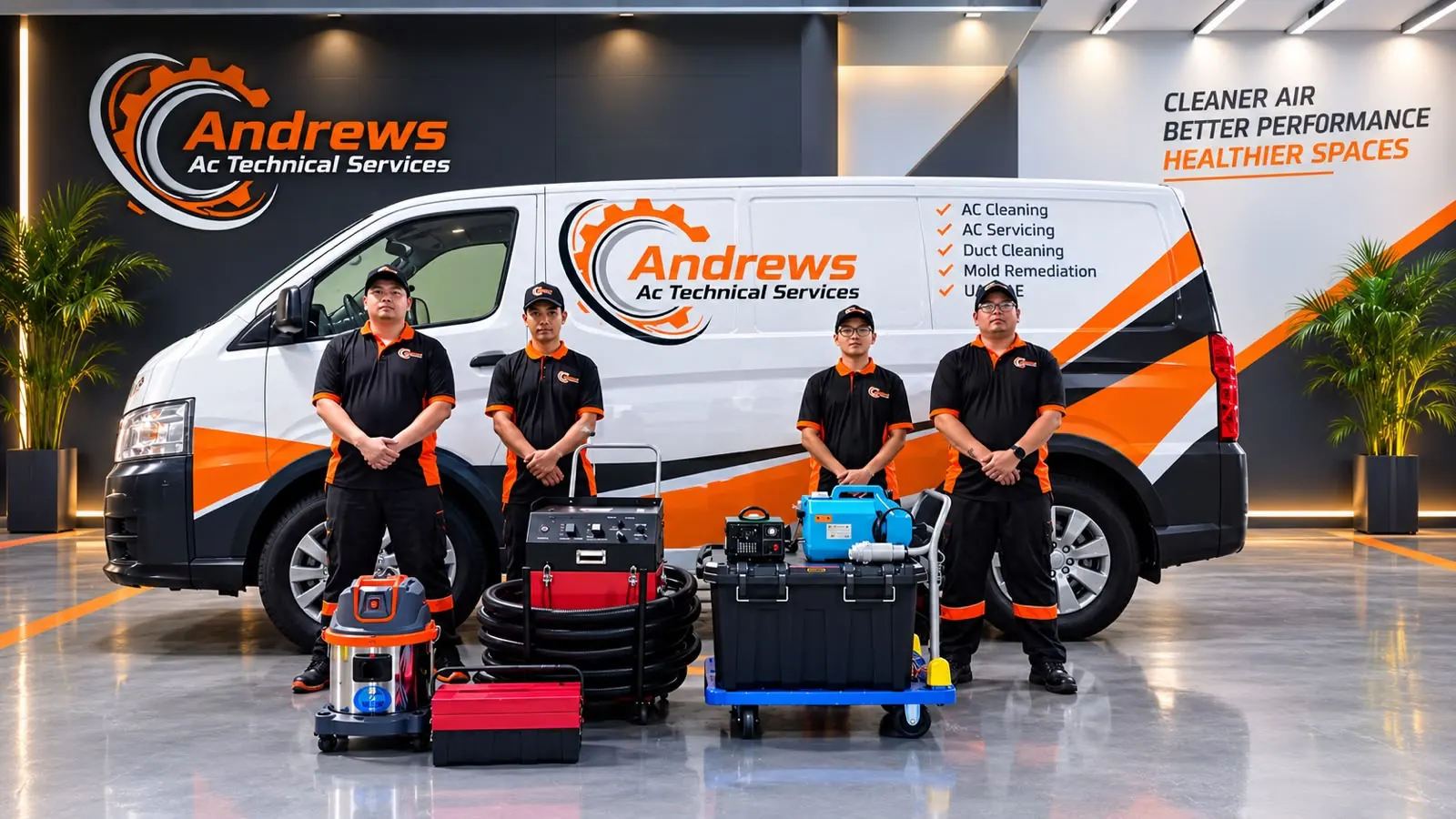 The Andrews AC Technical Services team with their branded service van and AC cleaning equipment
